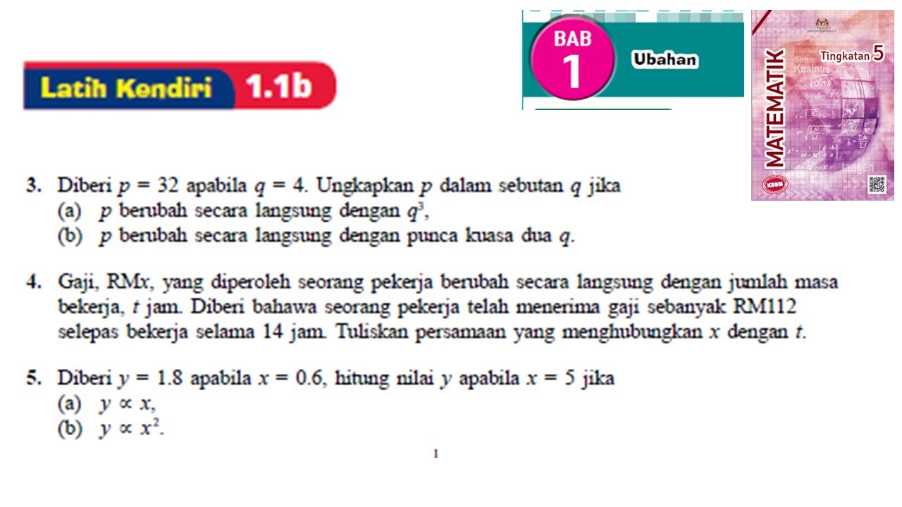 KSSM Matematik Tingkatan 5 Ubahan latih kendiri 1.1b no3-no5 ubahan langsung bab 1 variation