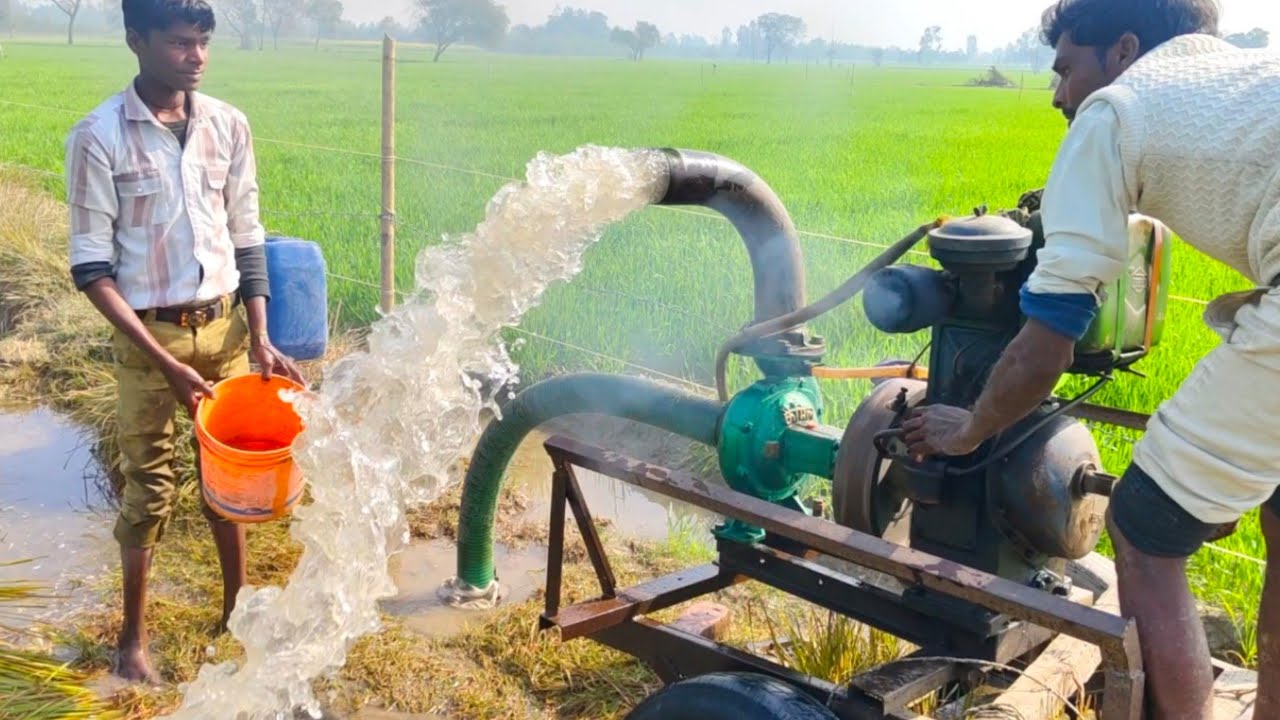 Farming Water Pump irrigation System Diesel engine Water Pump Machine Setup Kisan India Village 