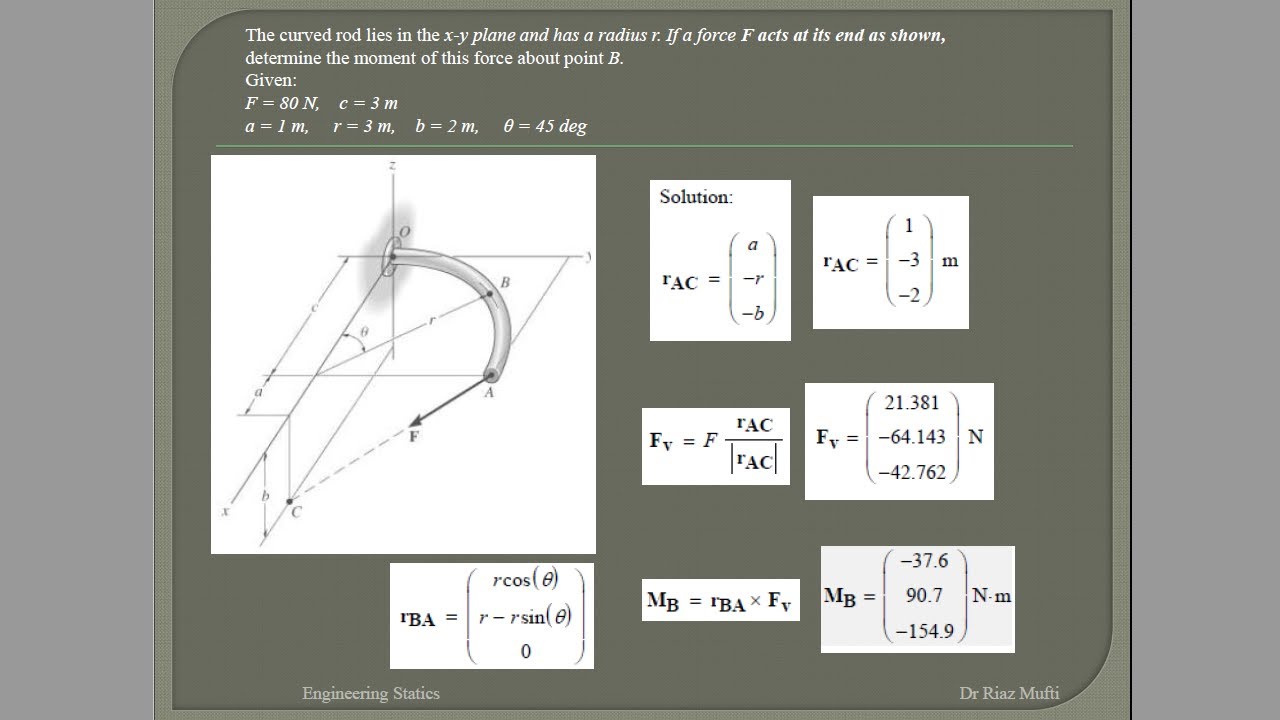 The curved rod lies in the x-y plane. If a force acts at its end as shown, determine the moment