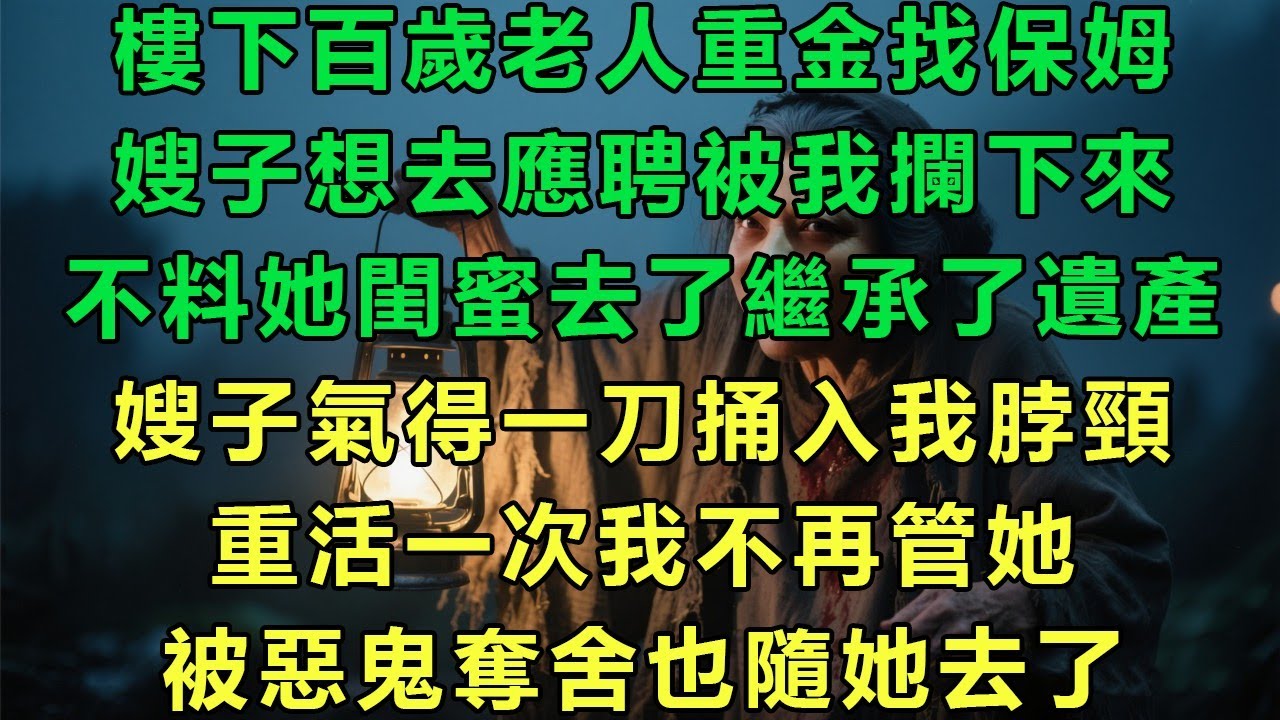 樓下百歲老人重金找保姆，嫂子想去應聘被我攔下來，不料她閨蜜去了繼承了遺產，嫂子氣得一刀捅入我脖頸，重活一次我不再管她，被惡鬼奪舍也隨她去了#故事 #靈異故事 #情感故事