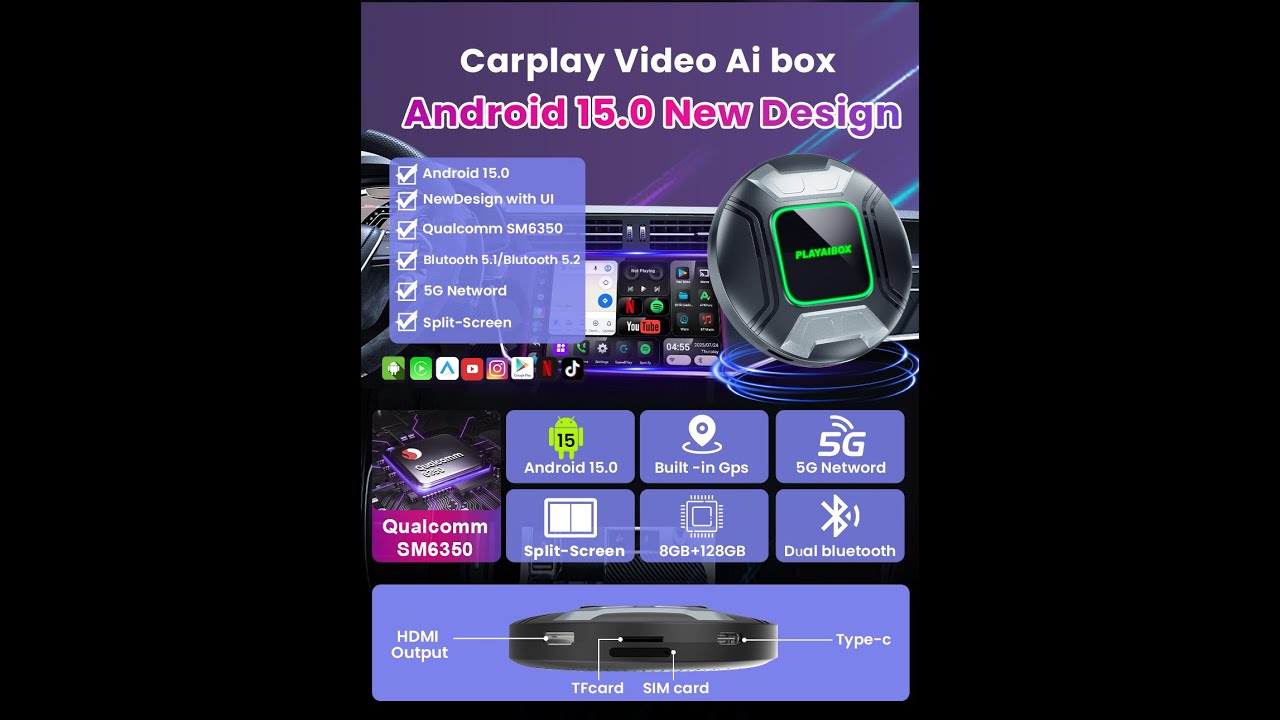 Android 15 Qualcomm 6350 Carplay Ai Box 5G Lte