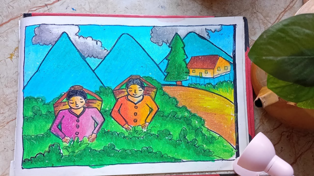 Tea garden drawing easy/Tea garden scenery drawing/Tea garden drawing for beginners