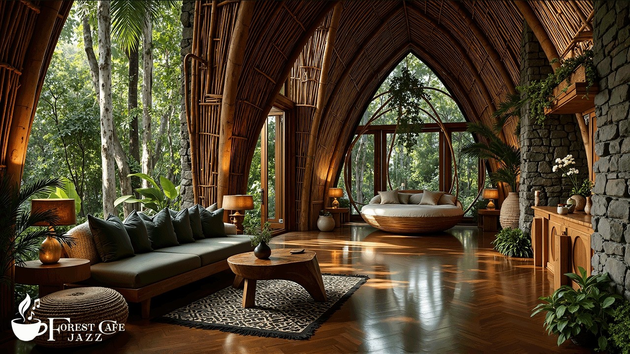 Peaceful Jazz for Relaxing | Calm Forest Wooden Coffee Shop Ambience For Relaxing Moments