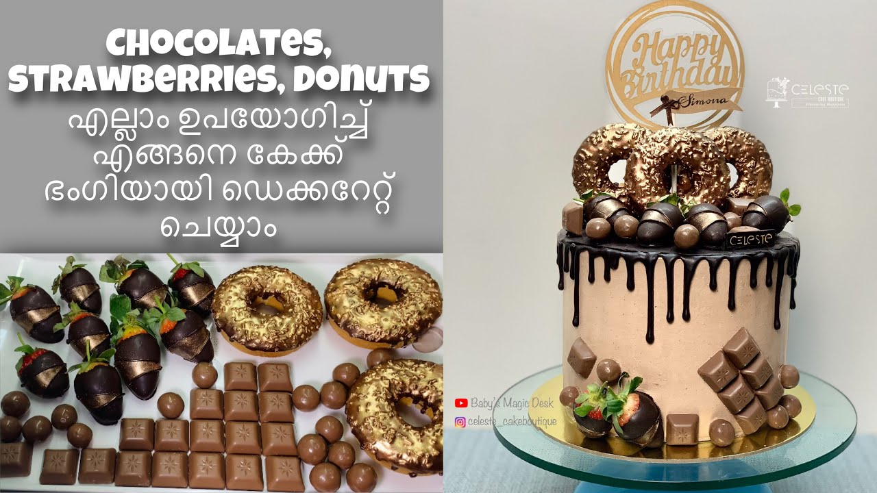 Easy Chocolate cake decoration using strawberries, donuts and chocolates