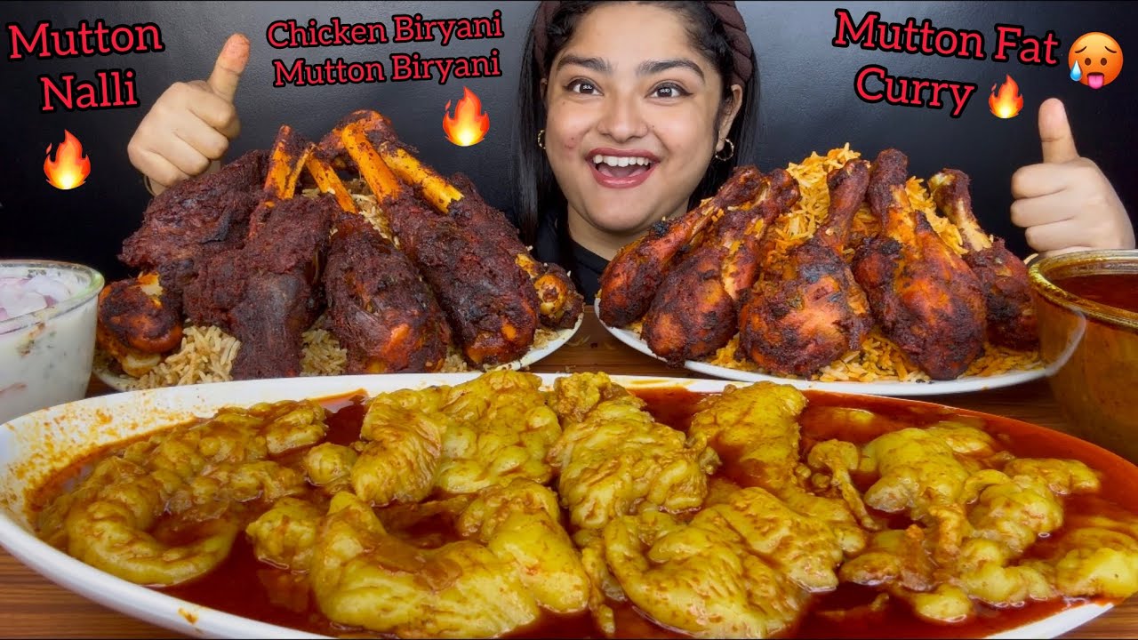 SPICY MUTTON FAT CURRY WITH MUTTON HYDERABADI BIRYANI AND CHICKEN TIKKA BIRYANI AND RAITA | MUKBANG