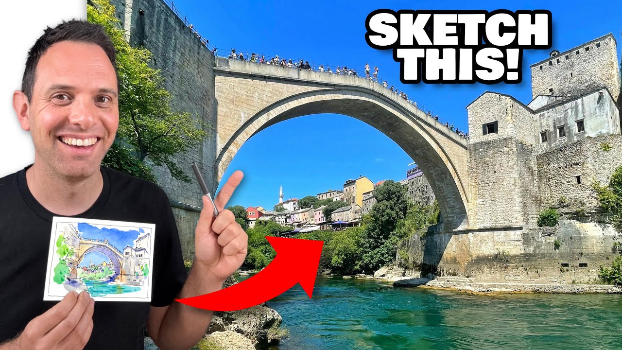 How To Sketch Mostar Bridge Step By Step | Urban Sketching Advanced Depth Techniques