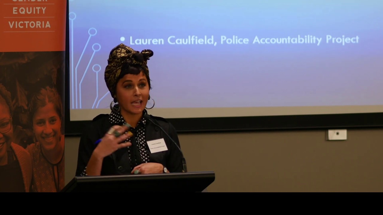 Lauren Caulfield (Flemington Kensington Community Legal Centre) at Gender Equity Vic's 2019 forum
