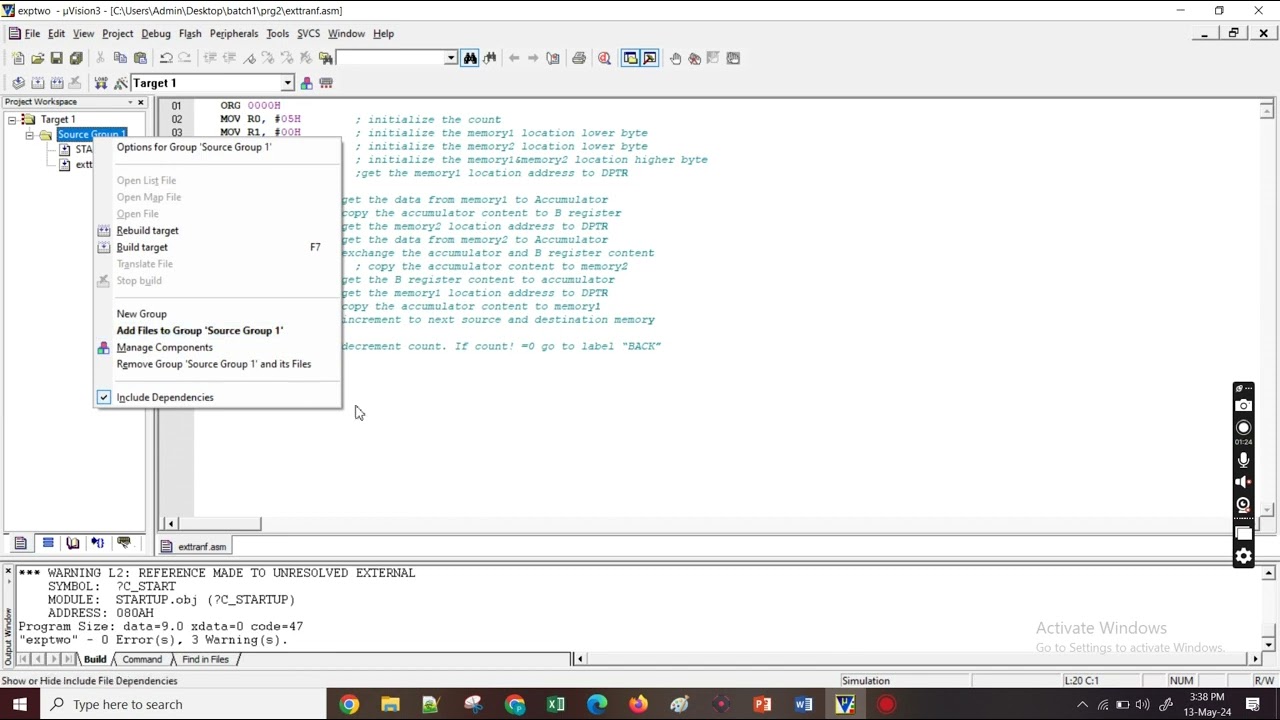 ALP to move a block of n bytes of data from source (2000h) to destination (2050h) using External RAM