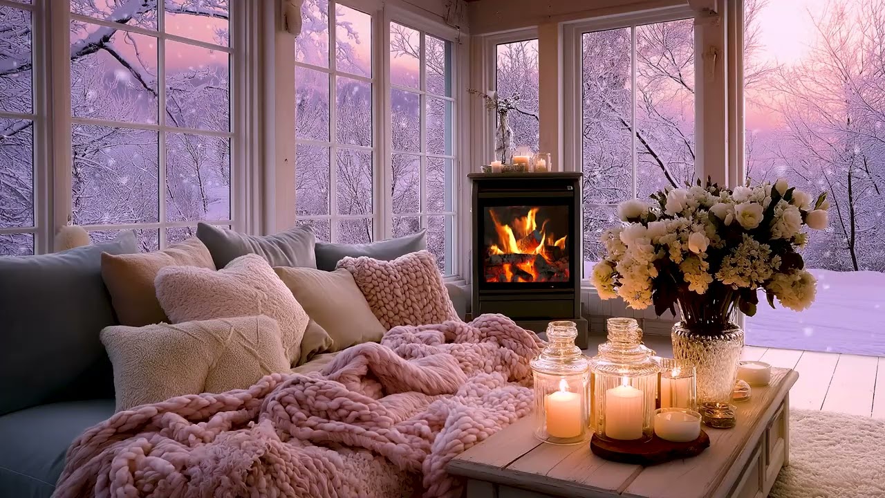 This Cozy Room with Snow Wind Outside and a Crackling Fireplace Inside Helps You Sleep Deeper