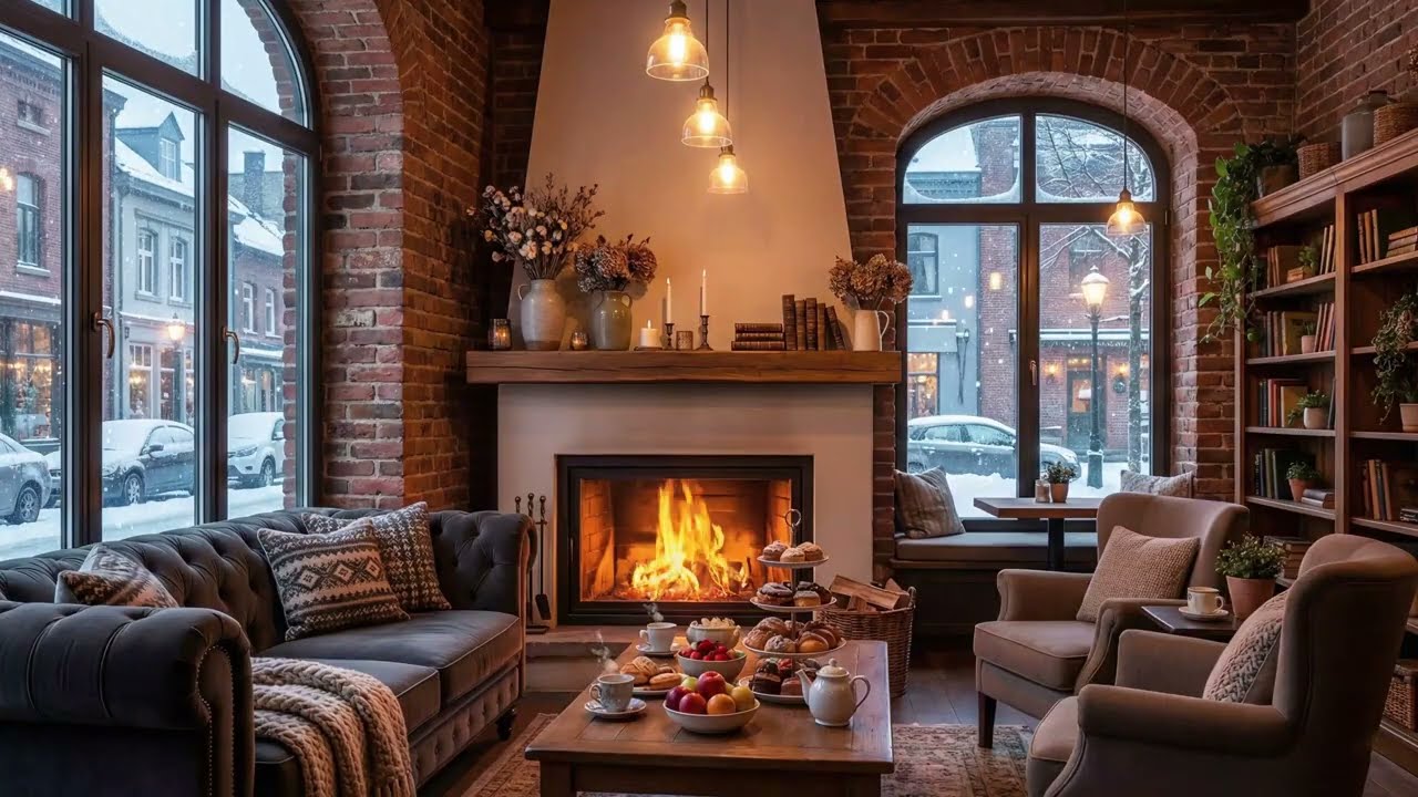 Peacefull Winter Café with a Cozy Fireplace in 4K ☕🔥 Snowy Ambience | Relaxing Jazz Music