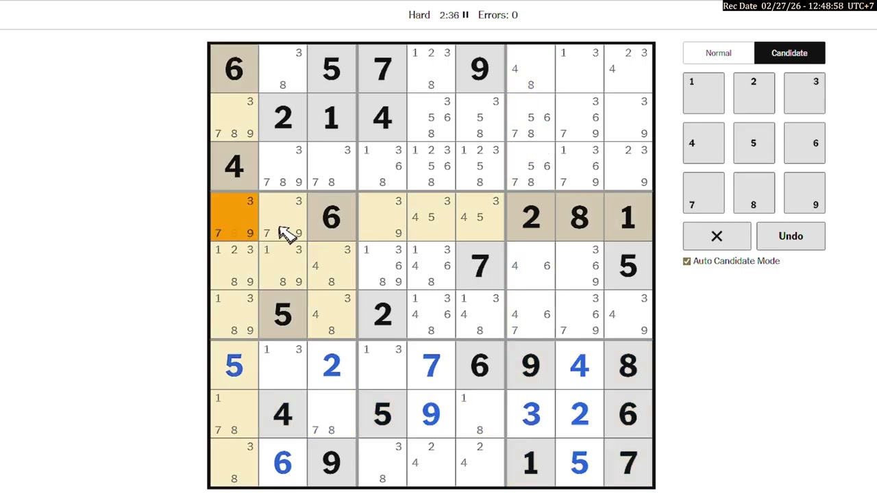 Hard Sudoku New York Times February 27, 2026