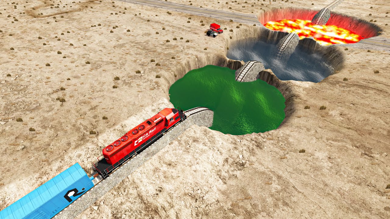 Trains VS Water 🌊, Acid & Lava Rail Tracks – BeamNG Drive
