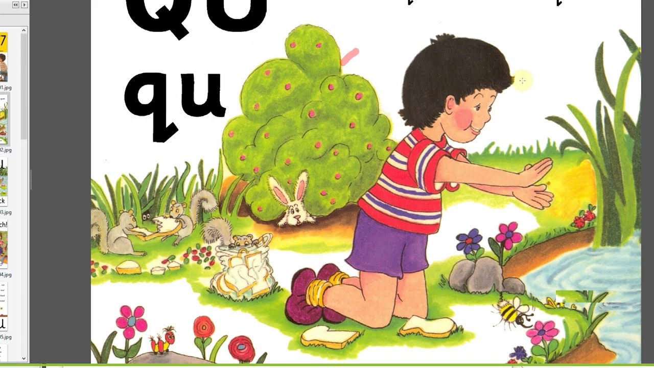 نطق حرف q  بقصة والاكشن من جولي فونكس وطريقة كتابة الحرف lettter q  jolly phonics &oxford  phonics