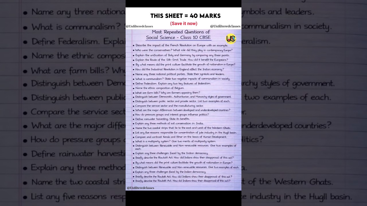 MOST REPEATED QUESTIONS SOCIAL SCIENCE CLASS 10 CBSE | 90% CONFIRM? #shorts #unfilteredclasses