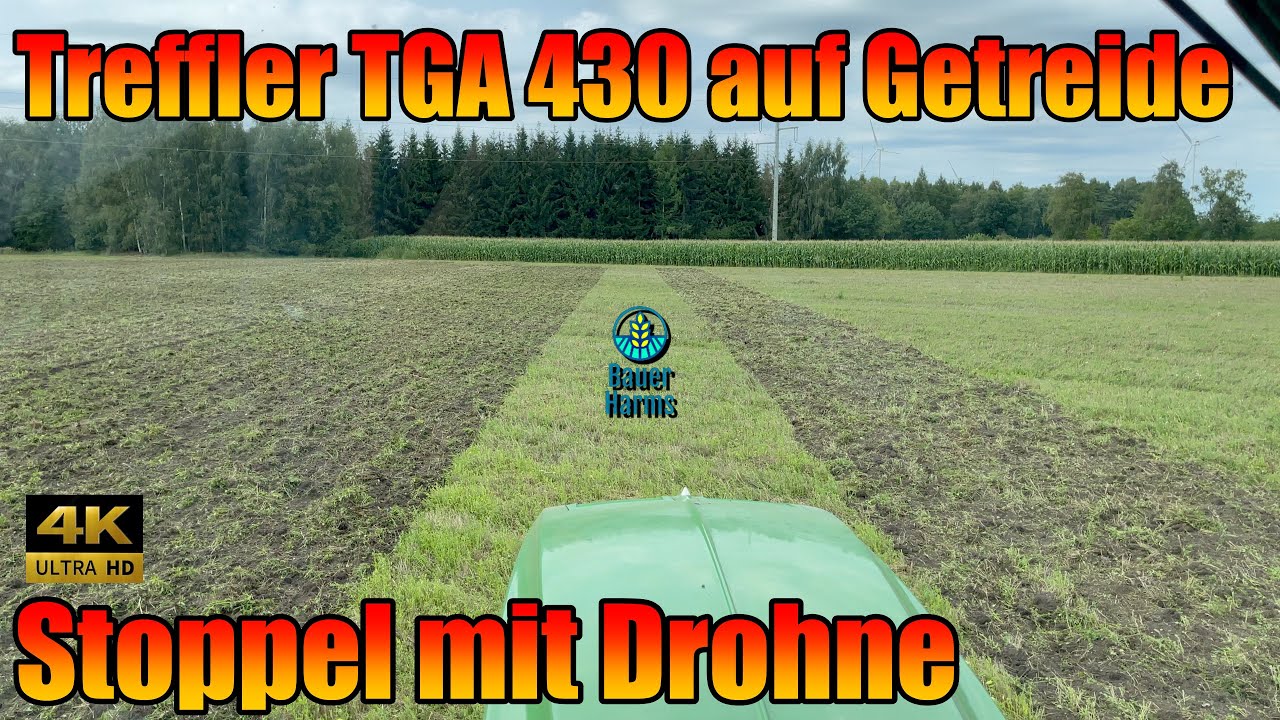 Treffler TGA 430 auf Getreide Stoppel mit viel und wenig Stroh. Mit John Deere 6150r mit Drohne