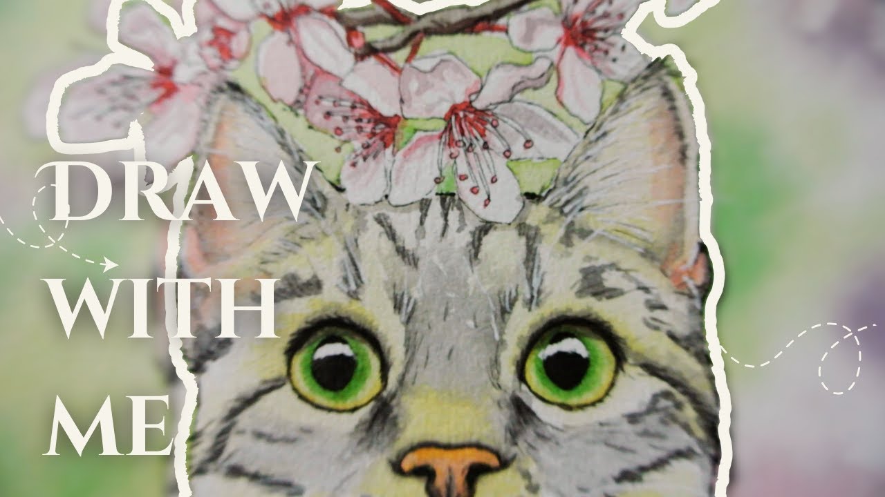 ASMR Watercolor Art: Painting a Cat with Cherry Blossoms 🌸