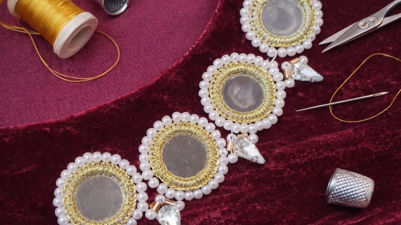 دور یقه دست‌دوز آینه‌کاری بامروارید | تزئین مجلسی لباسHandmade Mirror & Pearl Neckline Embellishment