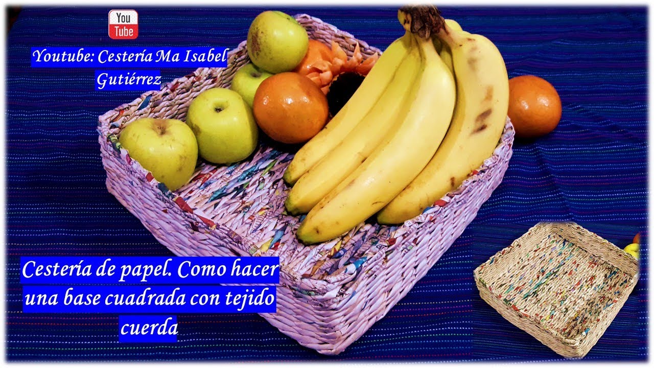 Cestería de papel  Como hacer base cuadrada con tejido cuerda Square base paper basket