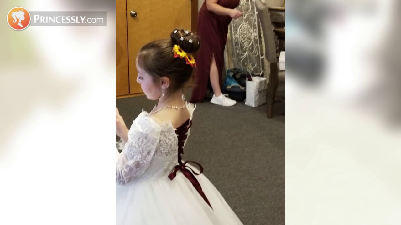 Princess Winter Sweetheart Lace Tulle Ivory Long Flower Girl Dress | Princessly Dresses
