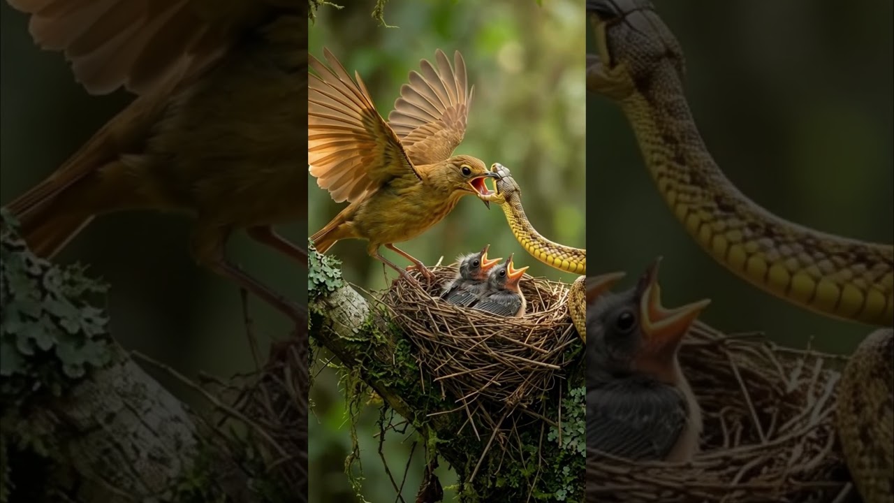🐍 Mother bird protects her chicks from snake ! 