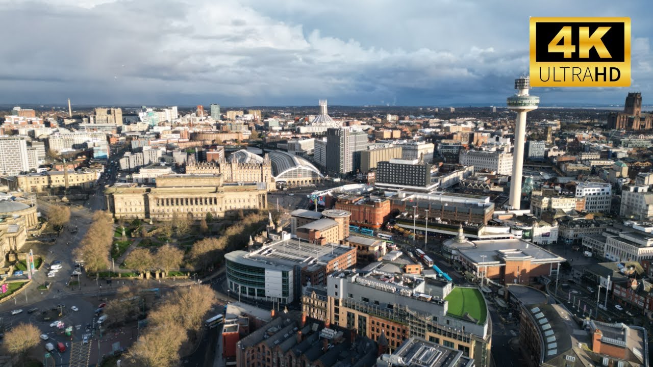 Liverpool, England Princes Dock, Saint Nicholas, St George's Hall | 4k Drone Footage