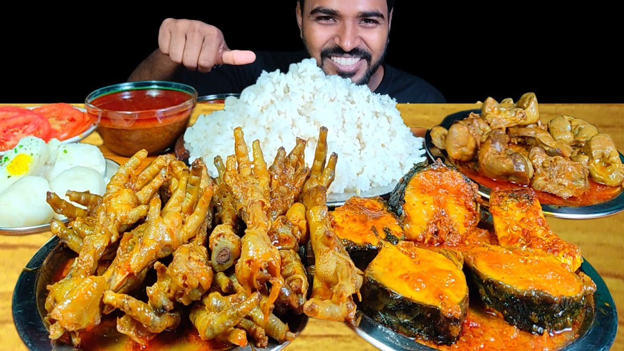 Eating Spicy Chicken Feet Curry with Rice | Fish Curry, Chicken Gizzard Curry & Rasgulla  Mukbang