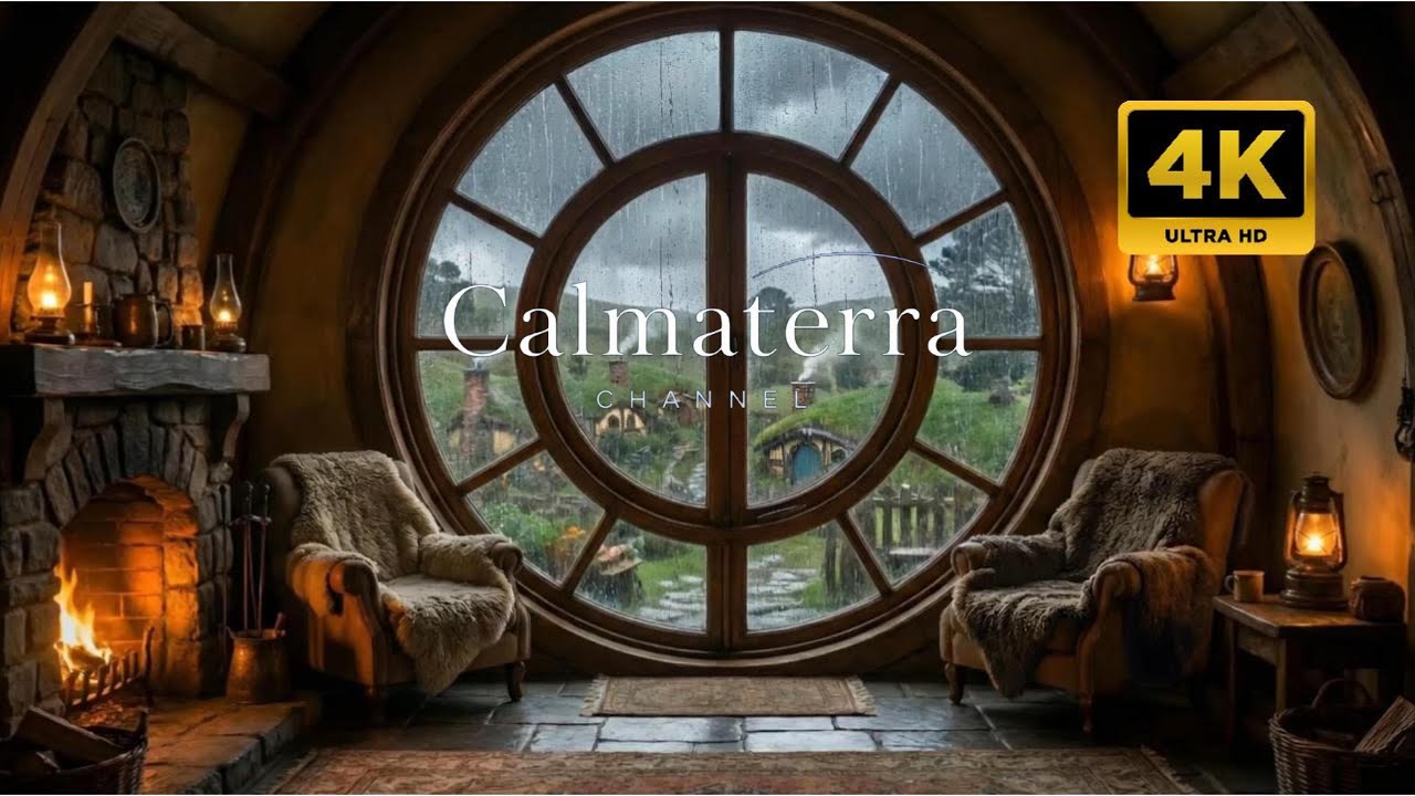 Cozy Hobbit Home Ambience | Celtic Harp & Guitar Music with Rain on Window