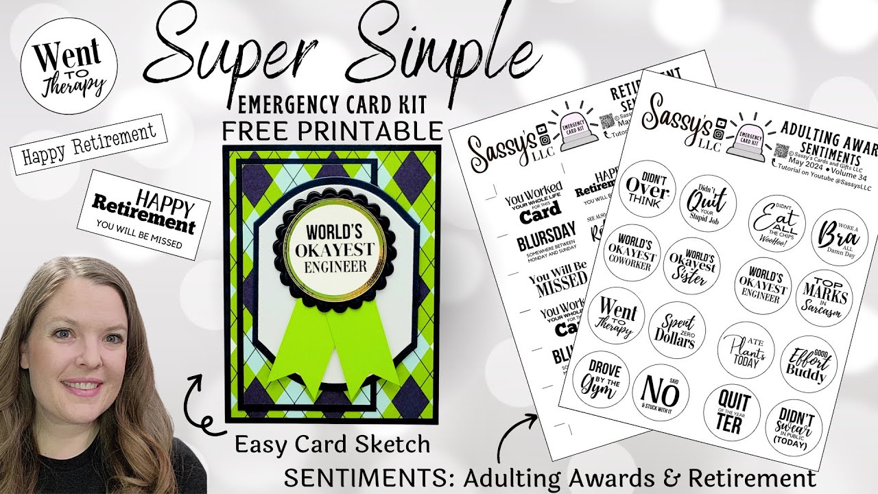 FREE PRINTABLE Adulting Awards and Retirement Sentiments + Card Sketch Emergency Card Kit V34