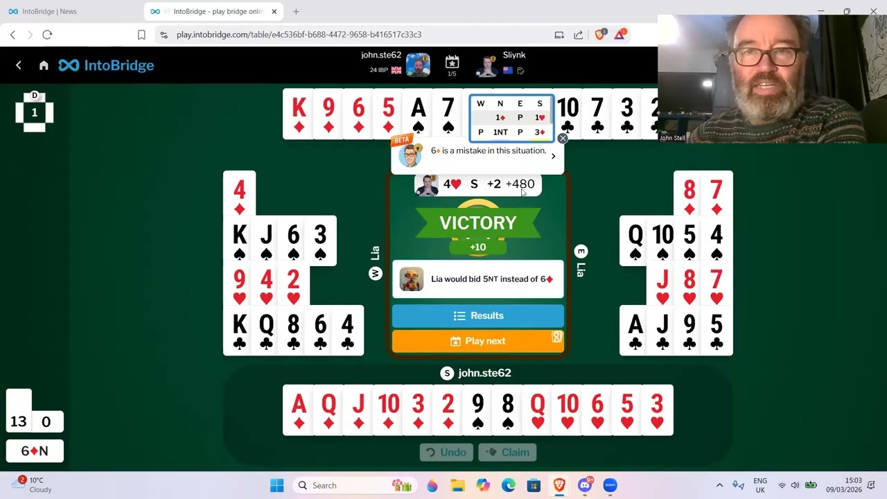 Me versus top bridge player Peter Hollands - 9th March 2026