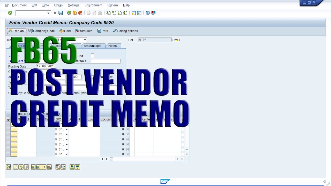 SAP Transaction FB65 - Post Vendor Credit Memo