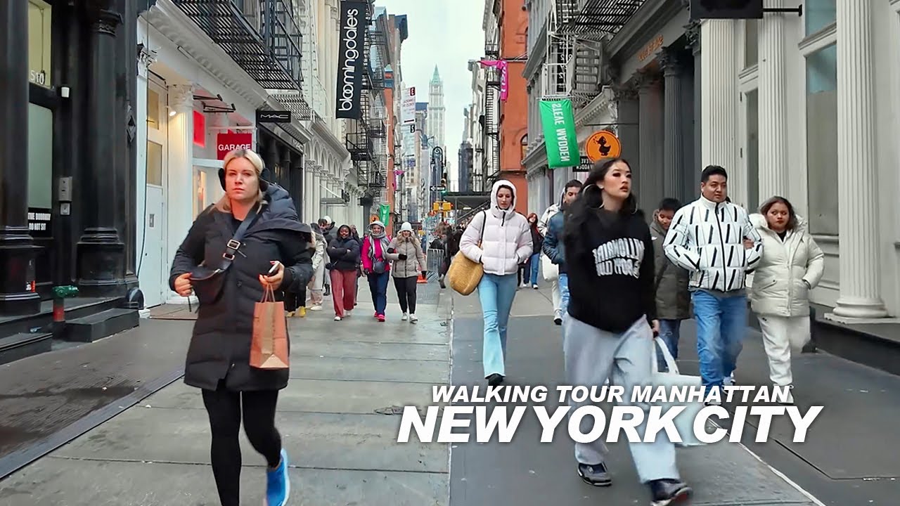 New York Manhattan Winter Walk, Columbus Circle, Broadway, 7th Avenue, 34th Street, 6th Avenue, 4K