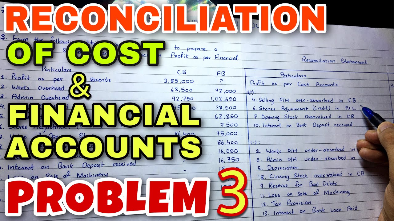 #3 Reconciliation of Cost & Financial Accounts - Problem 3 - B.COM / BBA / CMA - By Saheb Academy