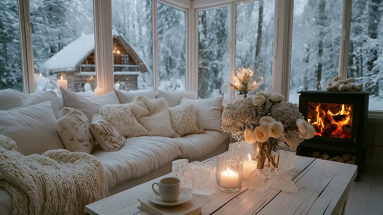 ✨Winter Snow Piano Lounge Music | Candles, Flowers & Snow for 4 Hours | Study Sleep Meditation Relax