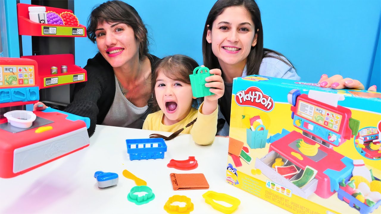 Ayşe, Defne ve &Uuml;mit ile Yeni Play-Doh market ve mutfak seti a&ccedil;ıyoruz. &Ccedil;ocuk videoları