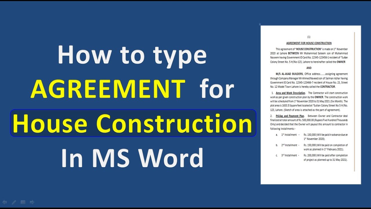 How to type Contract for House Construction in MS Word | Agreement format for House Construction