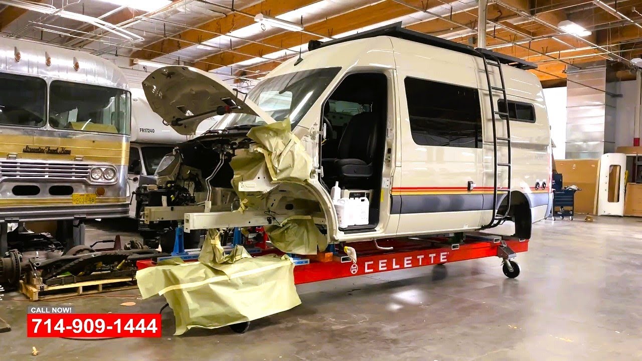 Mercedes Sprinter Camper Van Collision Repair on Celette bench