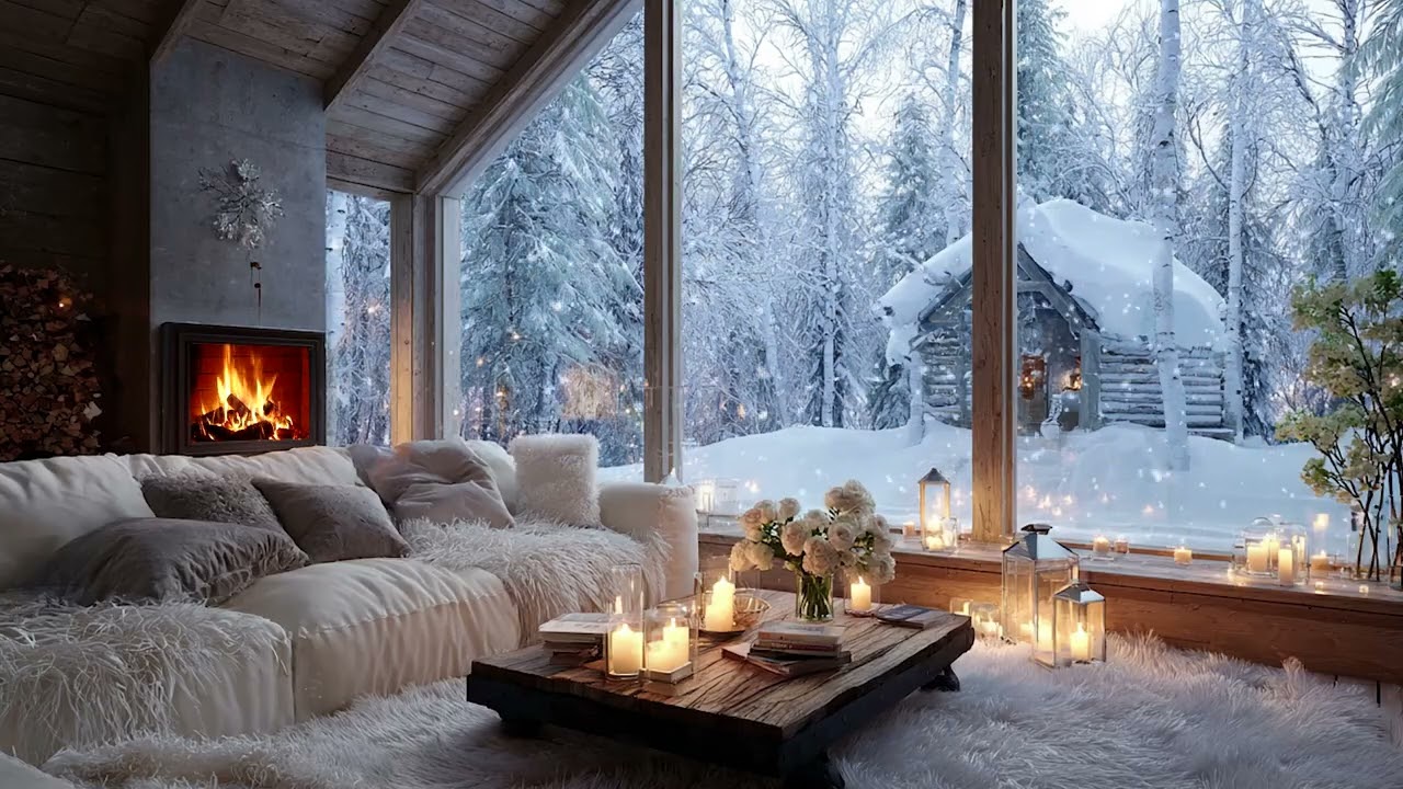 Snowy Piano Lounge Ambience | White Flowers and Fireplace Glow 3 Hours for Calm