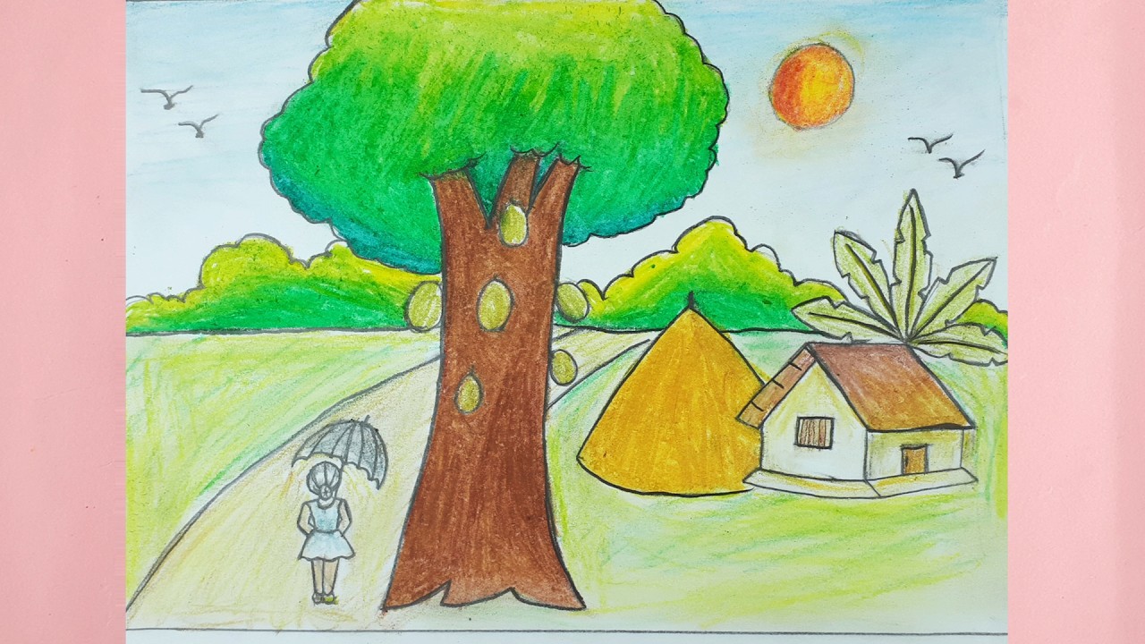 Summer season drawing || How to draw a summer scenery Step by step || Easy drawing for beginner