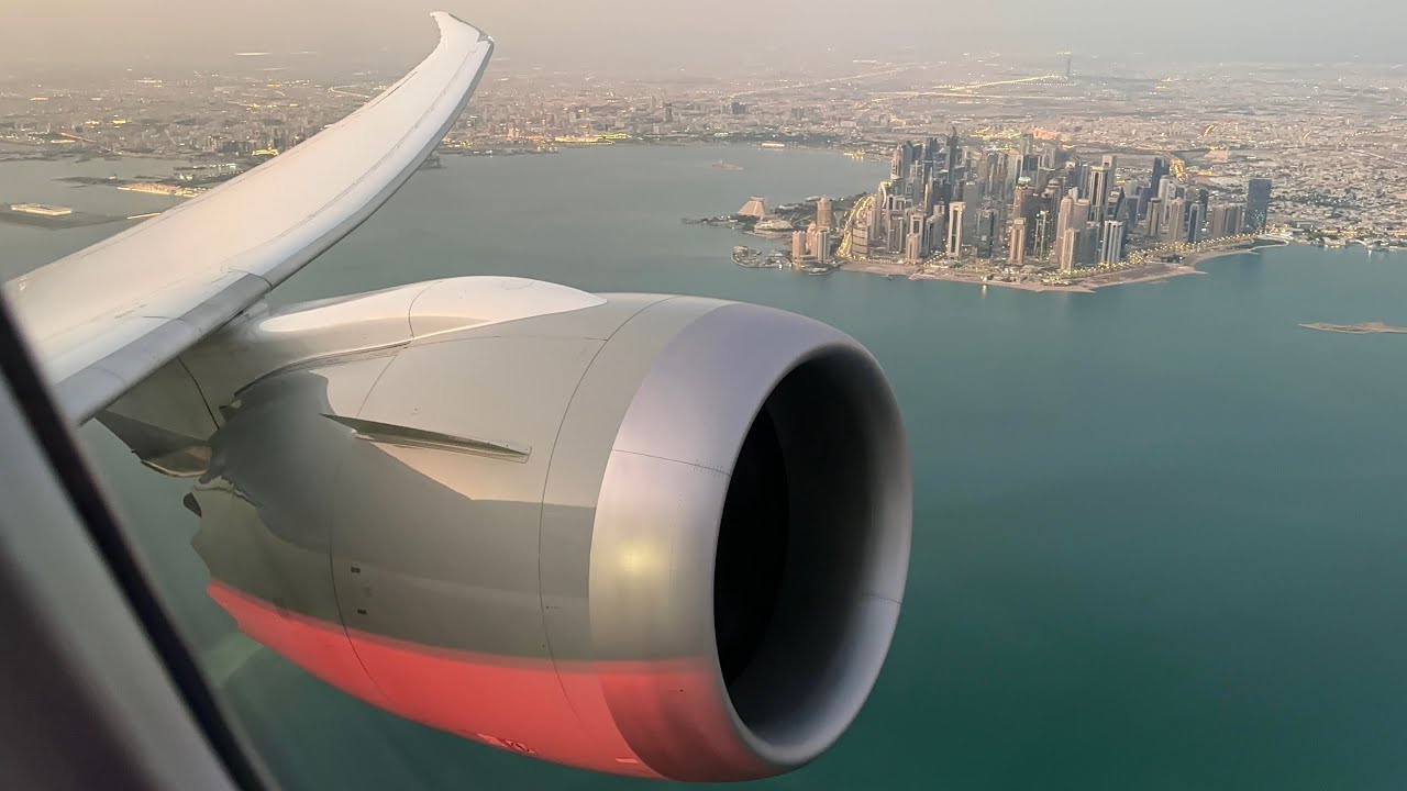 AERIAL VIEW OF DOHA - Qatar Airways Boeing 787-9 Dreamliner Sunrise Takeoff from Hamad Int'l Airport