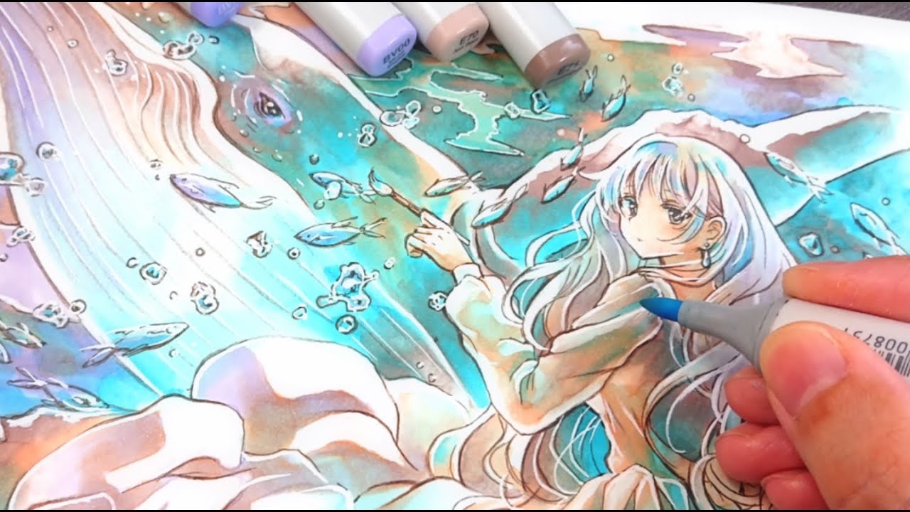 【コピックメイキング】海の絵を描く女の子を描きました