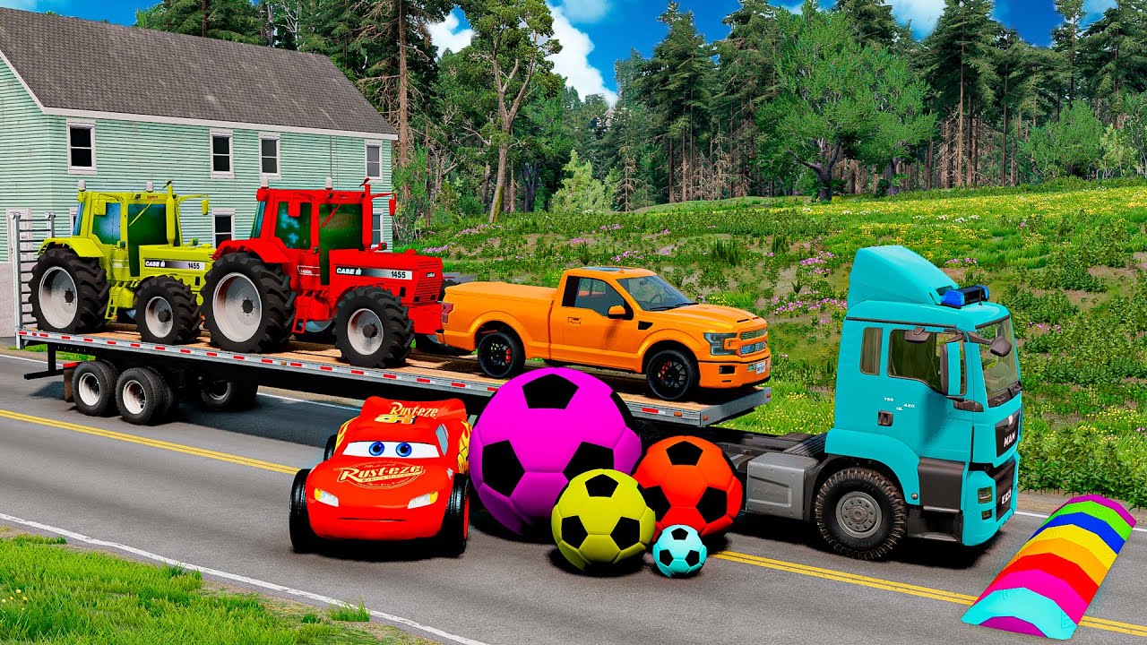 Double Flatbed Trailer Truck vs Speedbumps Train vs Cars | Tractor vs Train Beamng.Drive #007
