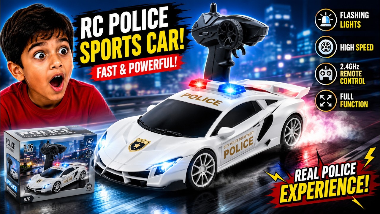 High Speed RC Police Car Unboxing & Review 🚔 1:14 Scale Smoke Spray Car with LED Lights & Music
