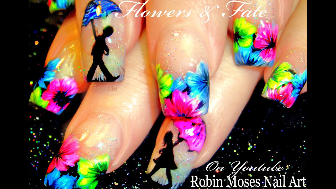 Spring Shower Nail Art | Neon Flowers and Girl with Umbrella Nail Art