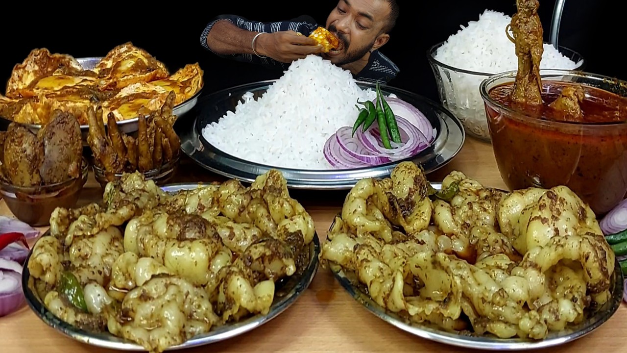 Eating Show Mutton Fat Curry Rice , Chicken Leg Piece Curry Liver Curry Egg Omlet Curry,MukbangAsmr