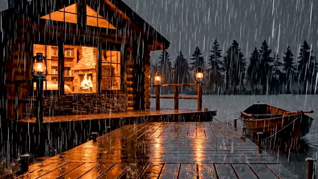  Stormy Night at the Luxury Lake House 🌧️ Relaxing Rain & Crackling Fireplace [rain sound]