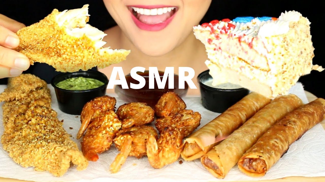ASMR Birthday Food Leftover, CAKE, FRIED FISH, COCONUT SHRIMP, PORK LUMPIA Eating Sounds MUKBAN