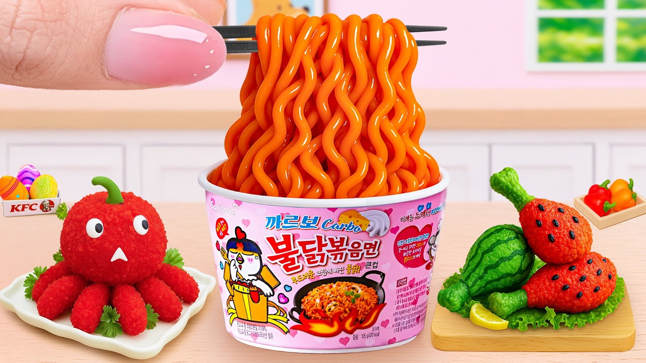 How To Cook Miniature Carbo Noodles with Strawberry Chicken and Fried Otopus Balls by Tony Mini Food