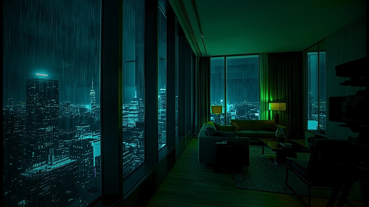 City Skyline After Night - Rain Ambience, Penthouse Skyline View to Sleep or Study (3 HOURS)
