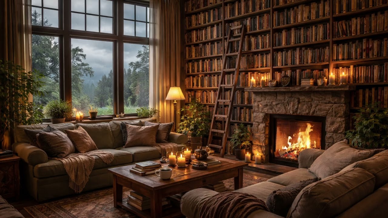 Rainy Library Ambience with Soft Jazz | Cozy Fireplace, Rain Sounds for Study, Sleep and Relaxation
