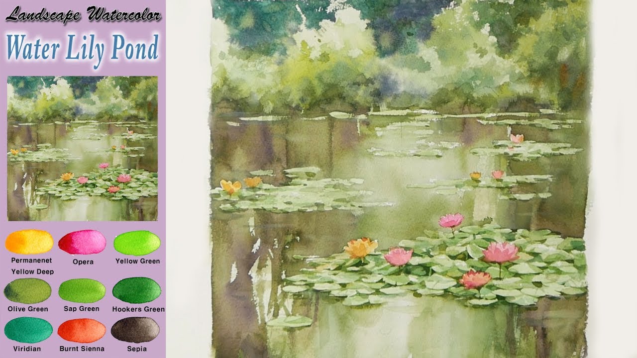 Водяная лилия   пруд - Рисование Ландшафтная акварель  (wet-in-wet, Arches) NAMIL ART